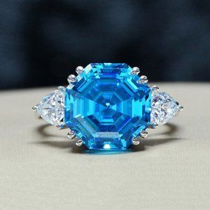 Size 8 Double Prong Blue Octogonal & White Trilliant CZs Statement Ring